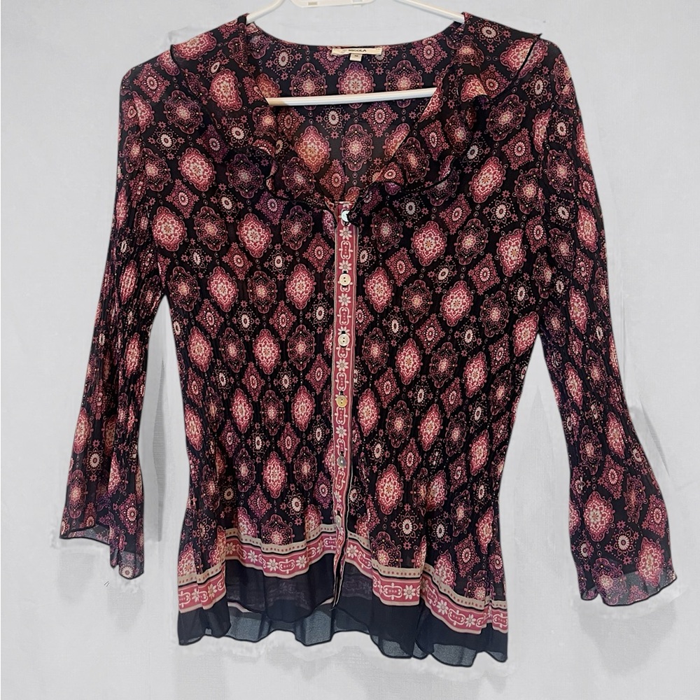 Vintage Nicola Pleated Flare Boho Geometric Blouse Semi Sheer Diamond Button Up